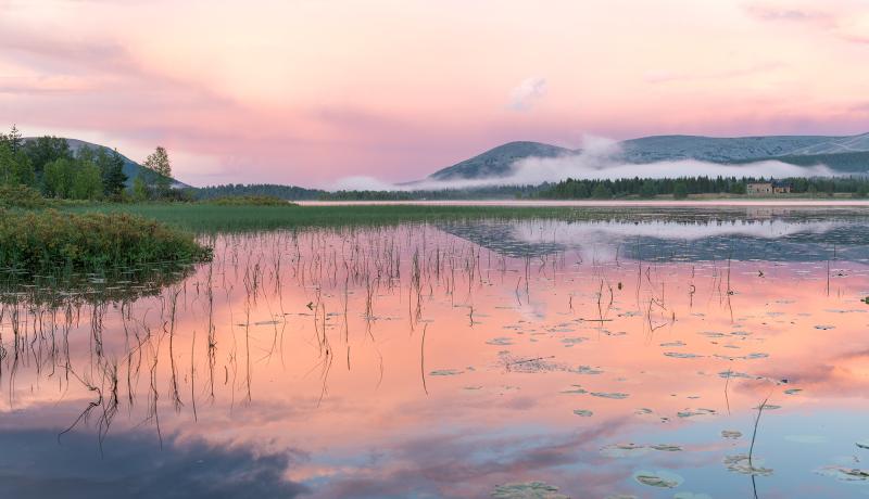 Maisema järjvestä, vaaleanpunainen taivas ja tunturi horisontissa.