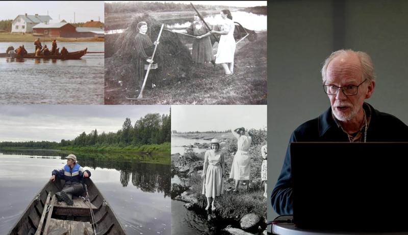 Timo Jokela pitämässä esitystä Färsaarilla Ounasjoen kultainen tarina -taideteoksestaan. Jokela puhuu ja taustalla on vanhoja valokuvia.