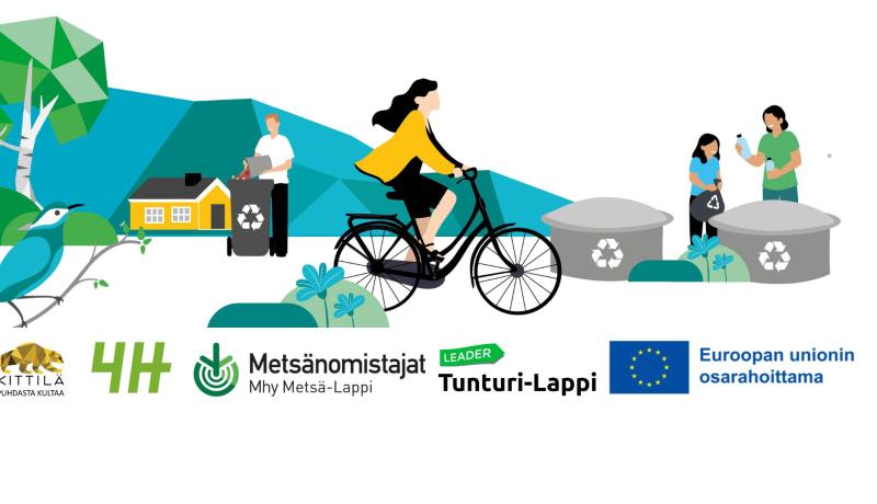 Kuvituskuva, jossa Kittilän kunnan, 4H-yhdistyksen, Metsänhoitoyhdistys Metsä-Lapin sekä Tunturi-Lapin Leaderin logot ja Euroopaan union osarahoittama- tunnus.
